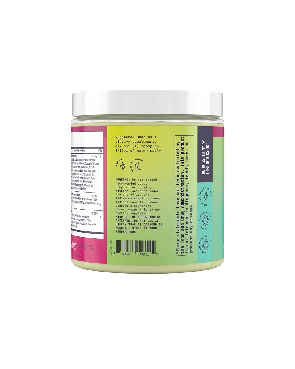A side view of Super Greens in Wild berry flavor showcasing suggested use of product.