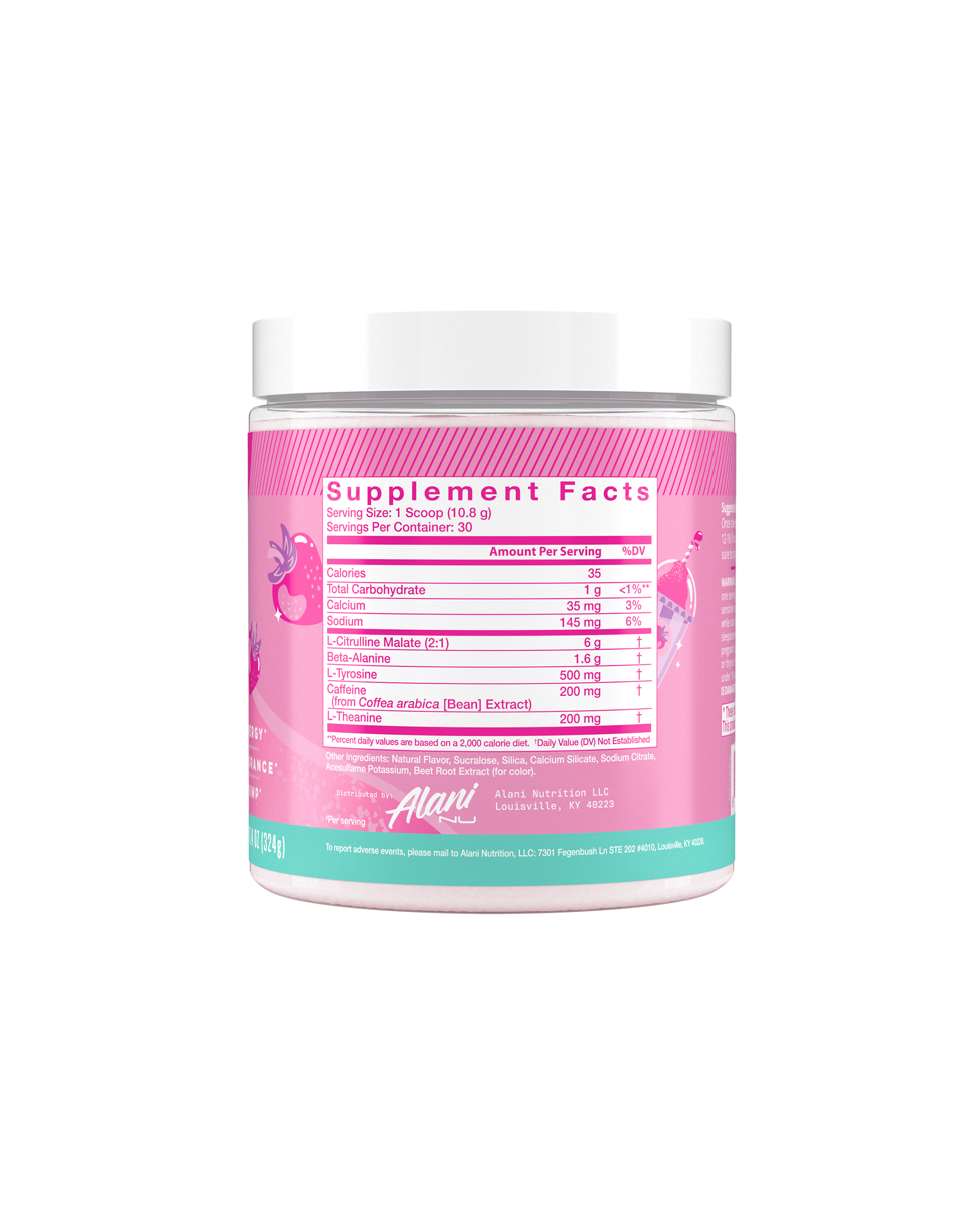 The back view of an Alani Nu Pink Slush Pre-Workout tub, highlighting nutrition facts.