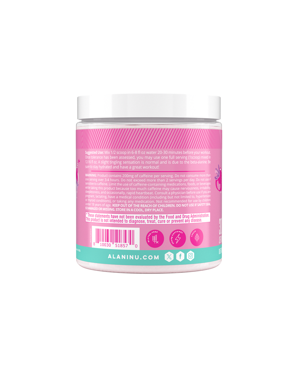 A jar of Alani Nu's Pre-Workout - Pink Slush features a pink lid. The label promotes its caffeine boost and sugar-free formula, includes usage instructions, and has a barcode at the bottom.