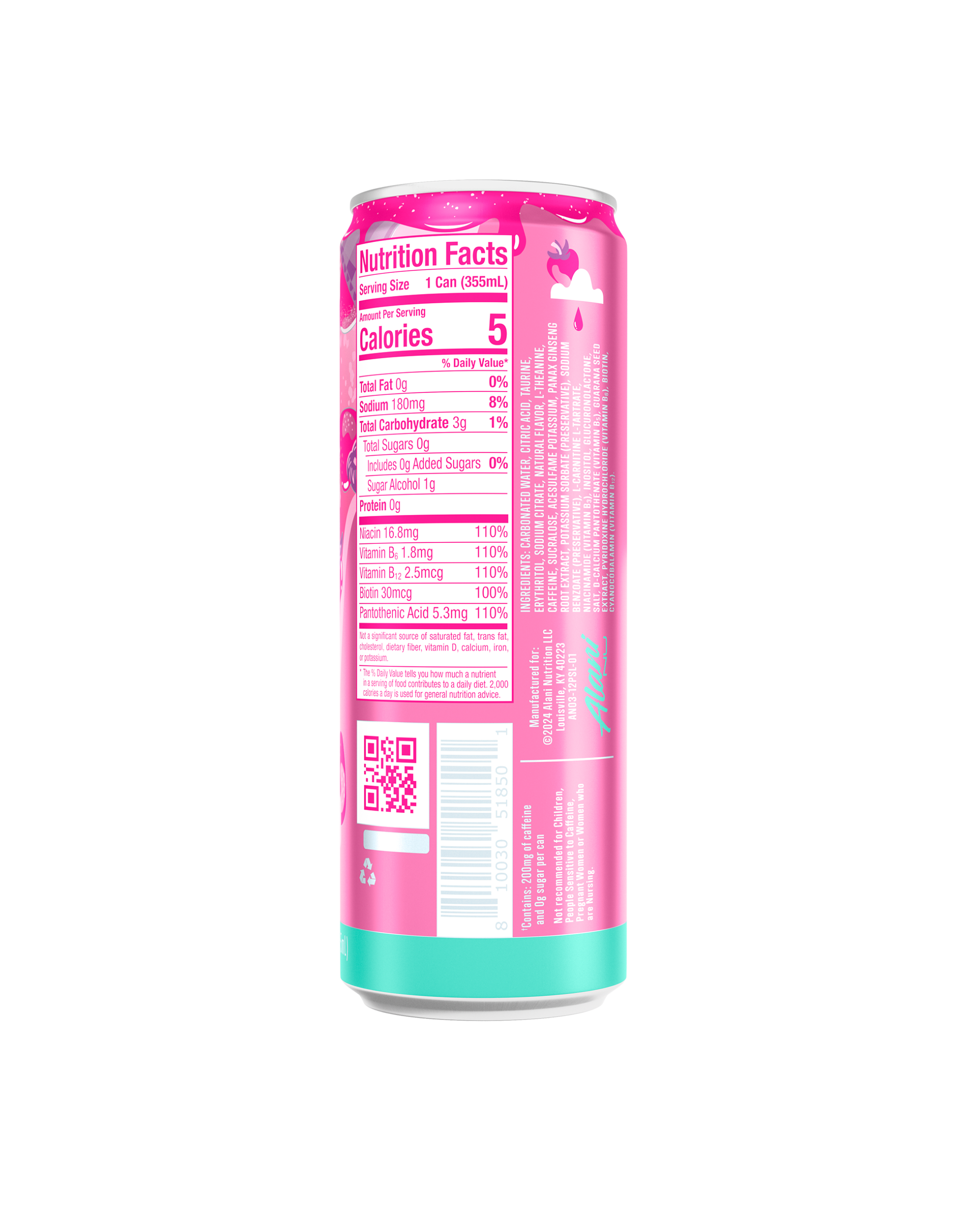 The back view of an Alani Nu Pink Slush Energy Drink can, highlighting nutrition facts.