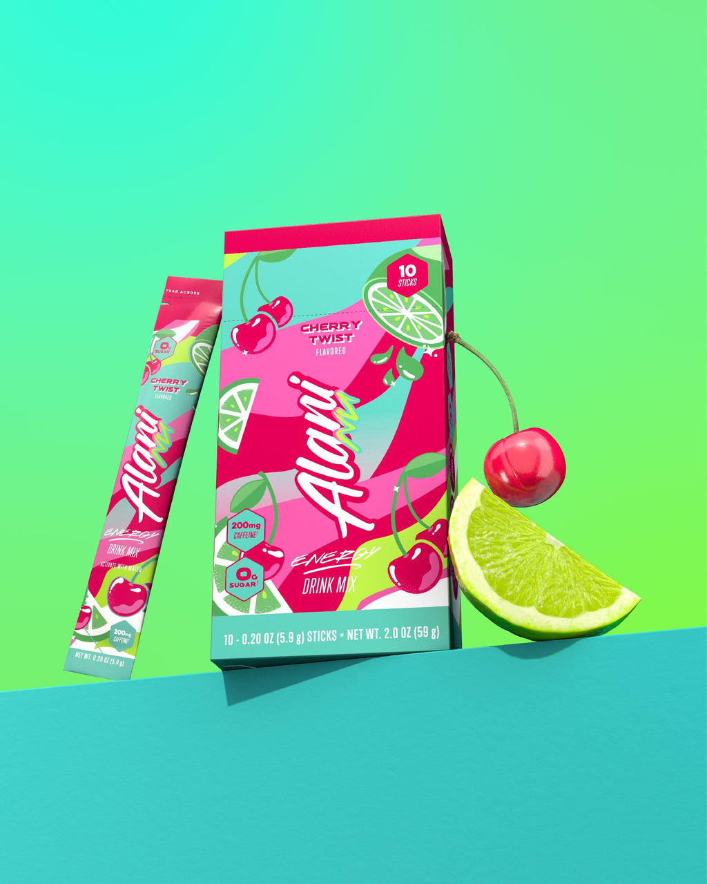 Two strawberries, a Pink Slush Energy Stick, and its 10-pack carton grouped on a seafoam shelf.