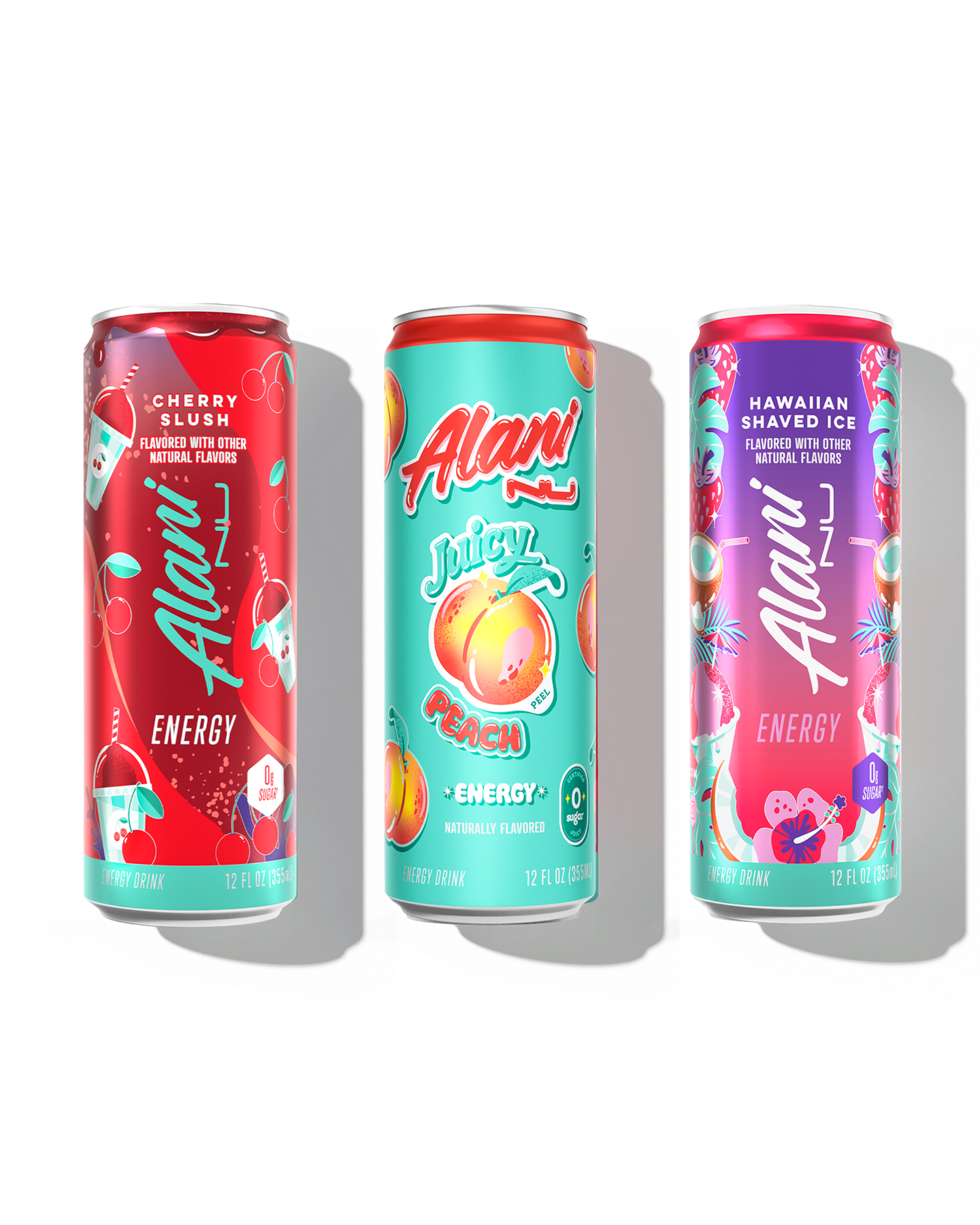 The front view of 3 sugar-free, 12oz Alani Nu Energy Drinks—Cherry Slush (flavored with other natural flavors), Juicy Peach (naturally flavored), and Hawaiian Shaved Ice (flavored with other natural flavors).