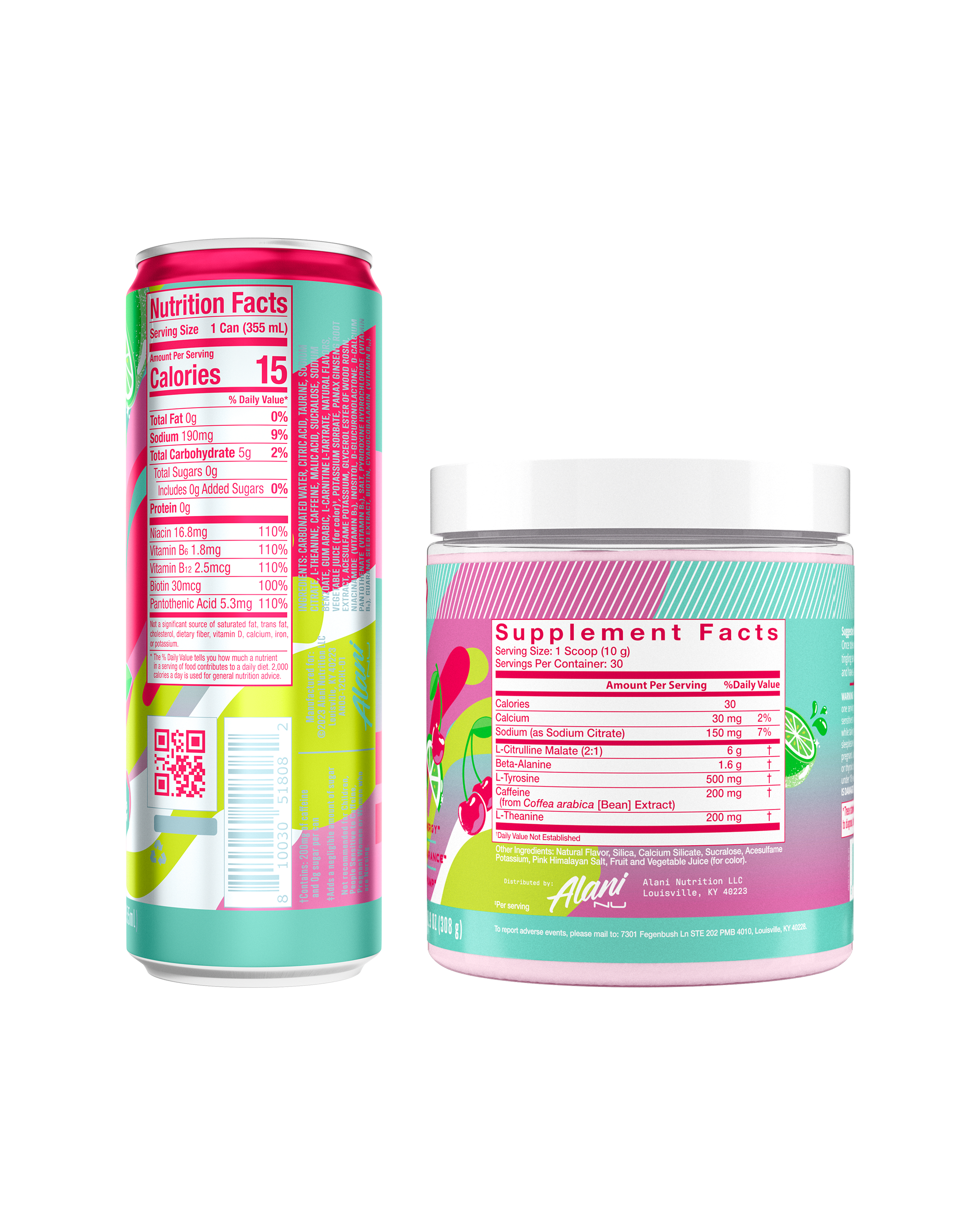 The back view of an Alani Nu Cherry Twist Drink can and Pre-Workout tub, showing nutrition facts.