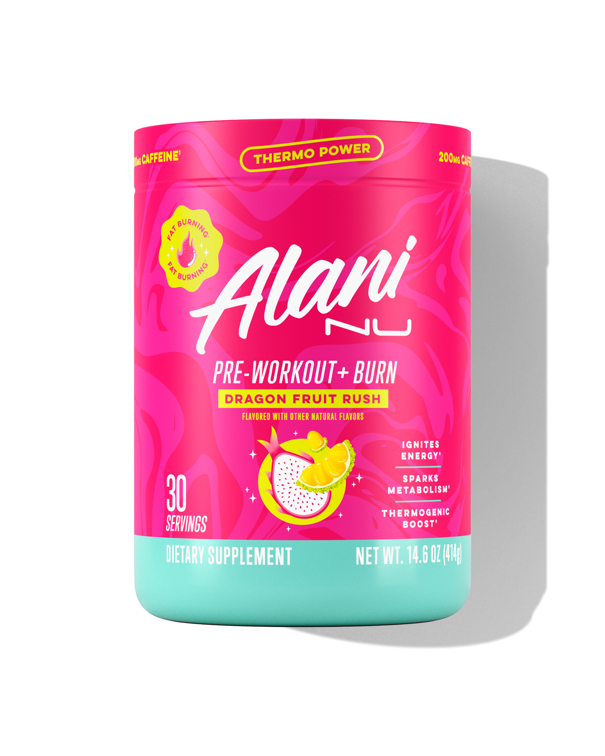 The front view of a 30-serve tub of Alani Nu Dragon Fruit Rush Pre-Workout+ Burn, flavored with other natural flavors and made to help burn fat, boost energy, and spark metabolism.*