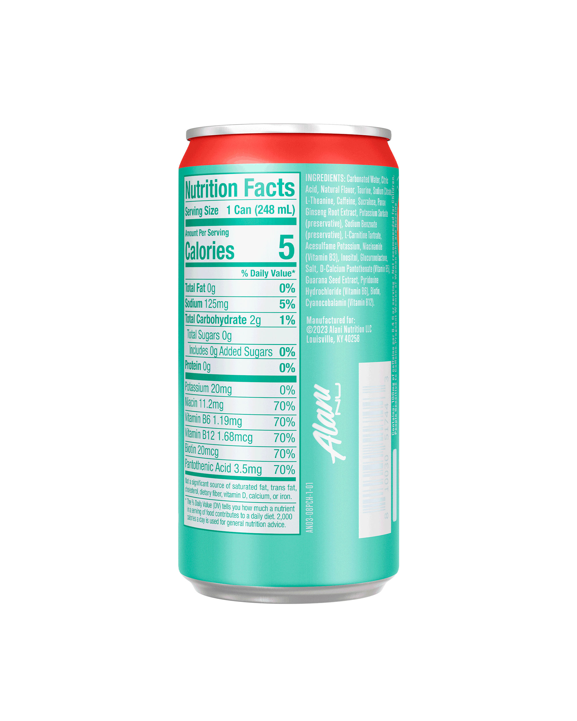 A back view of Mini Energy in Juicy Peach flavor highlighting nutrition facts details.
