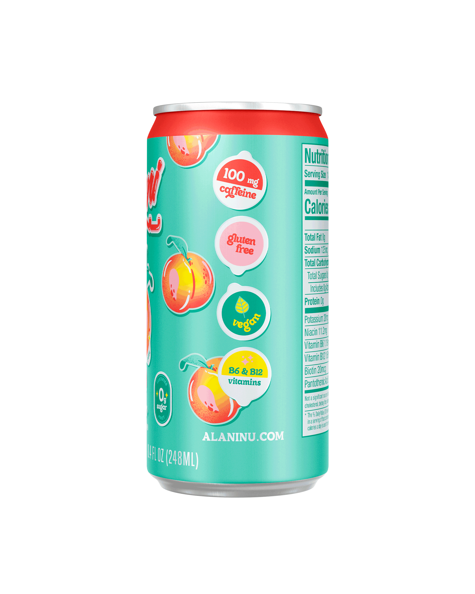 A side view of Mini Energy in Juicy Peach flavor showcasing caffeine details, gluten free, vegan and biotin details.