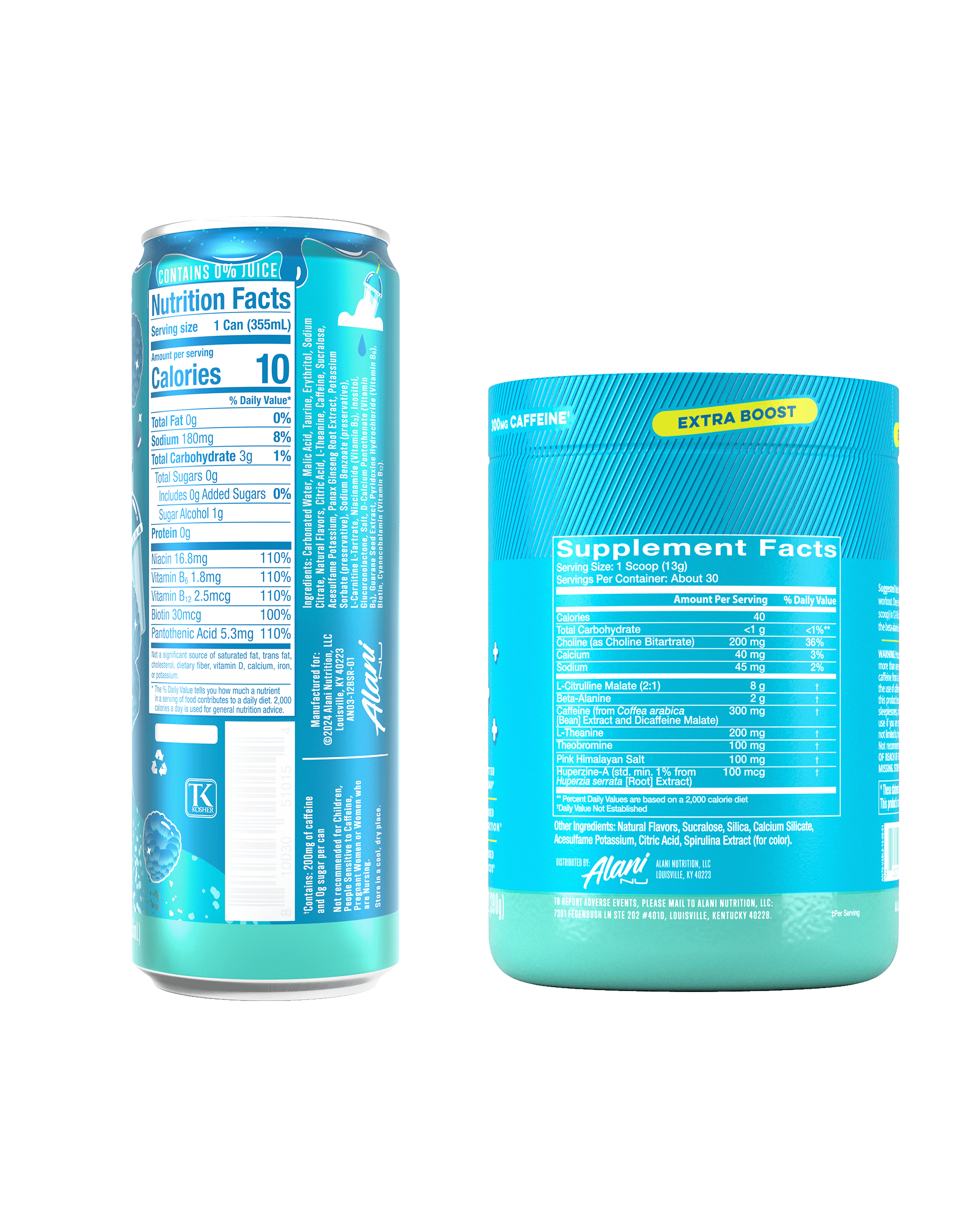 The back views of two Blue Slush products—an Energy Drink 12-Pack and a 30-Serve tub of Pre-Workout+.