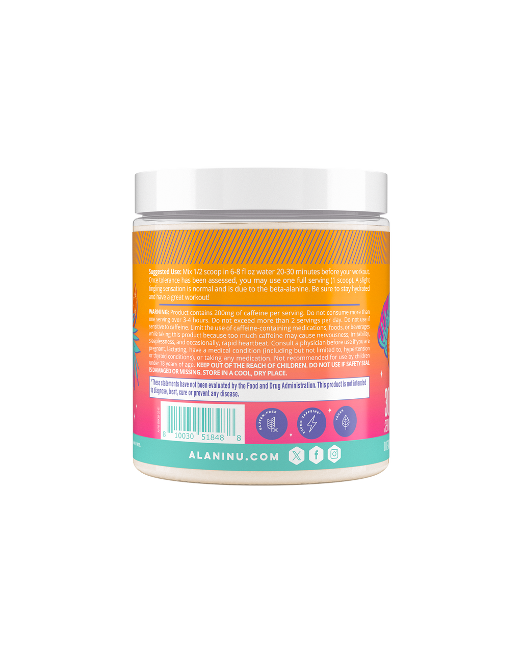 The side view of an Alani Nu Orange Kiss Pre-Workout tub, suggested use.