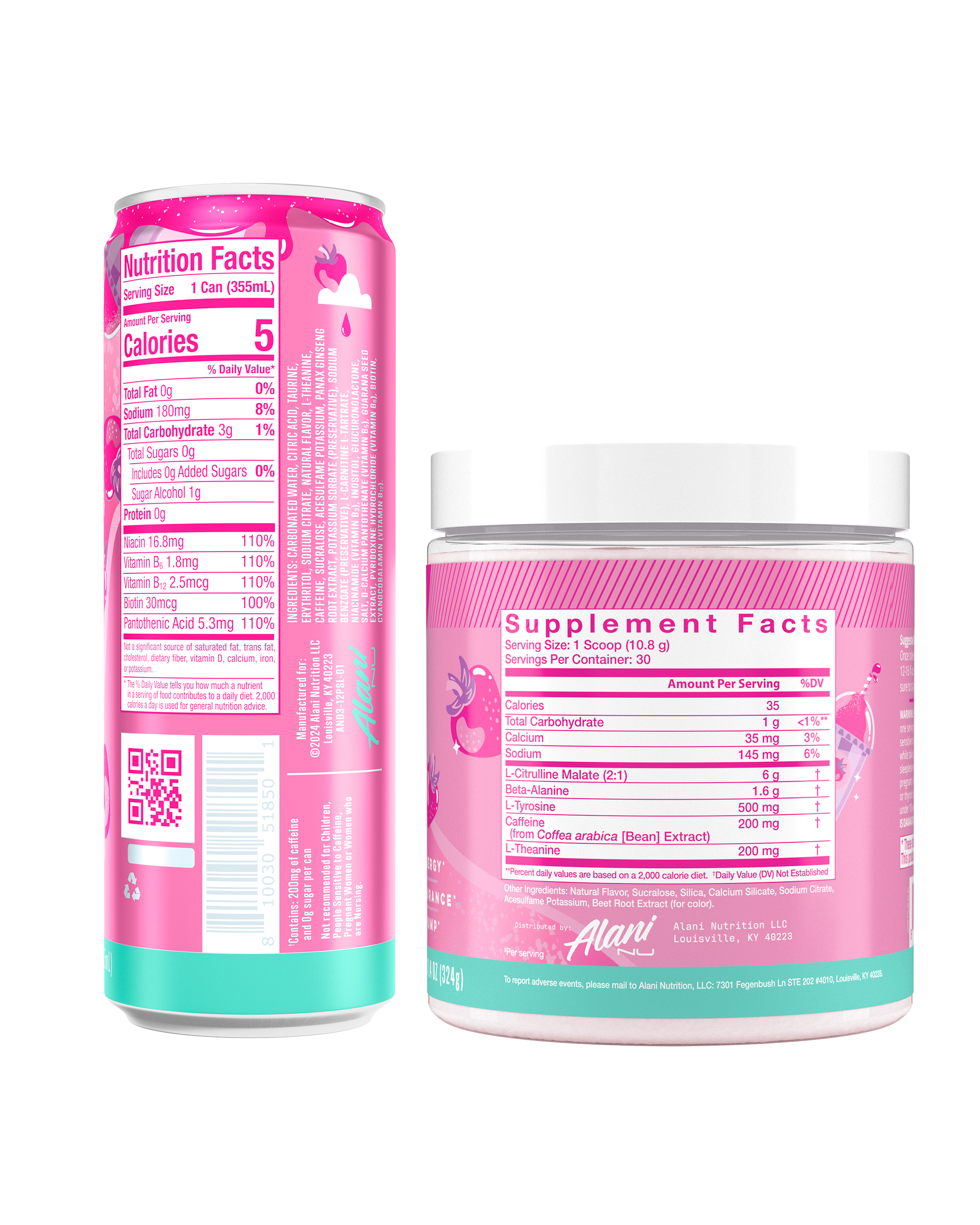 The back view of an Alani Nu Pink Slush Energy Drink can and Pre-Workout tub, showing nutrition facts.