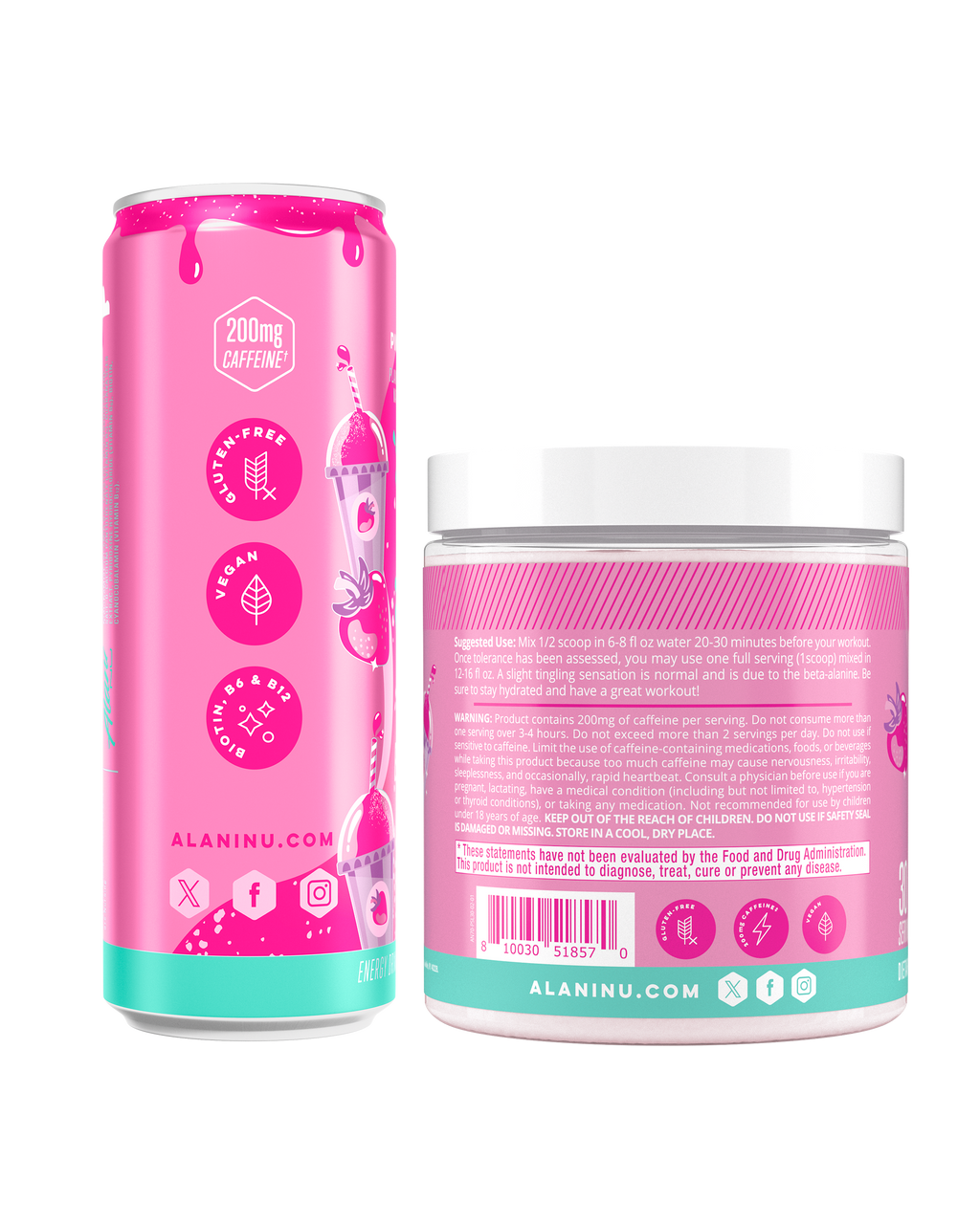 The side view of an Alani Nu Pink Slush Energy Drink can and Pre- Workout tub