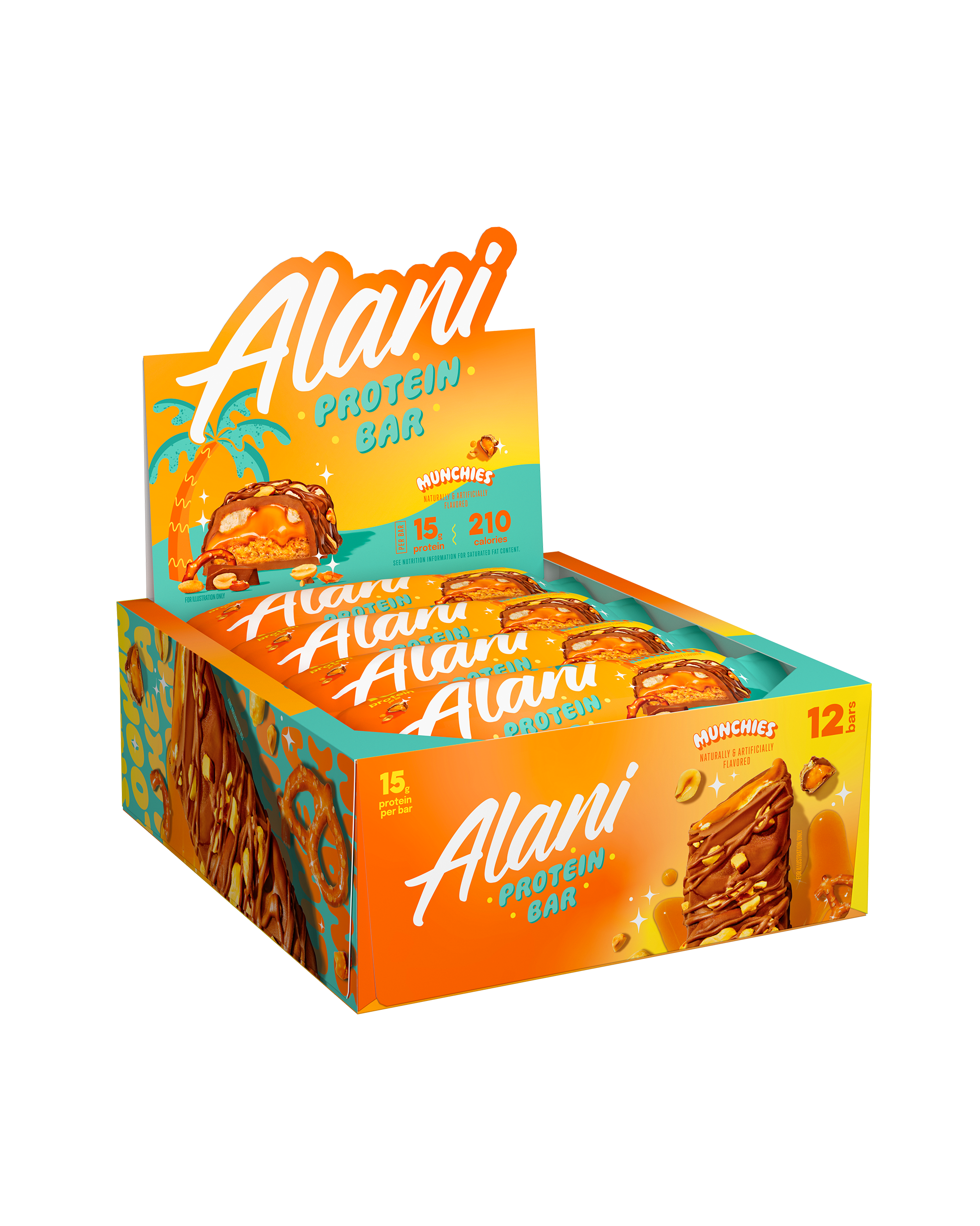 A 12 pack view of protein bar in flavor munchies.