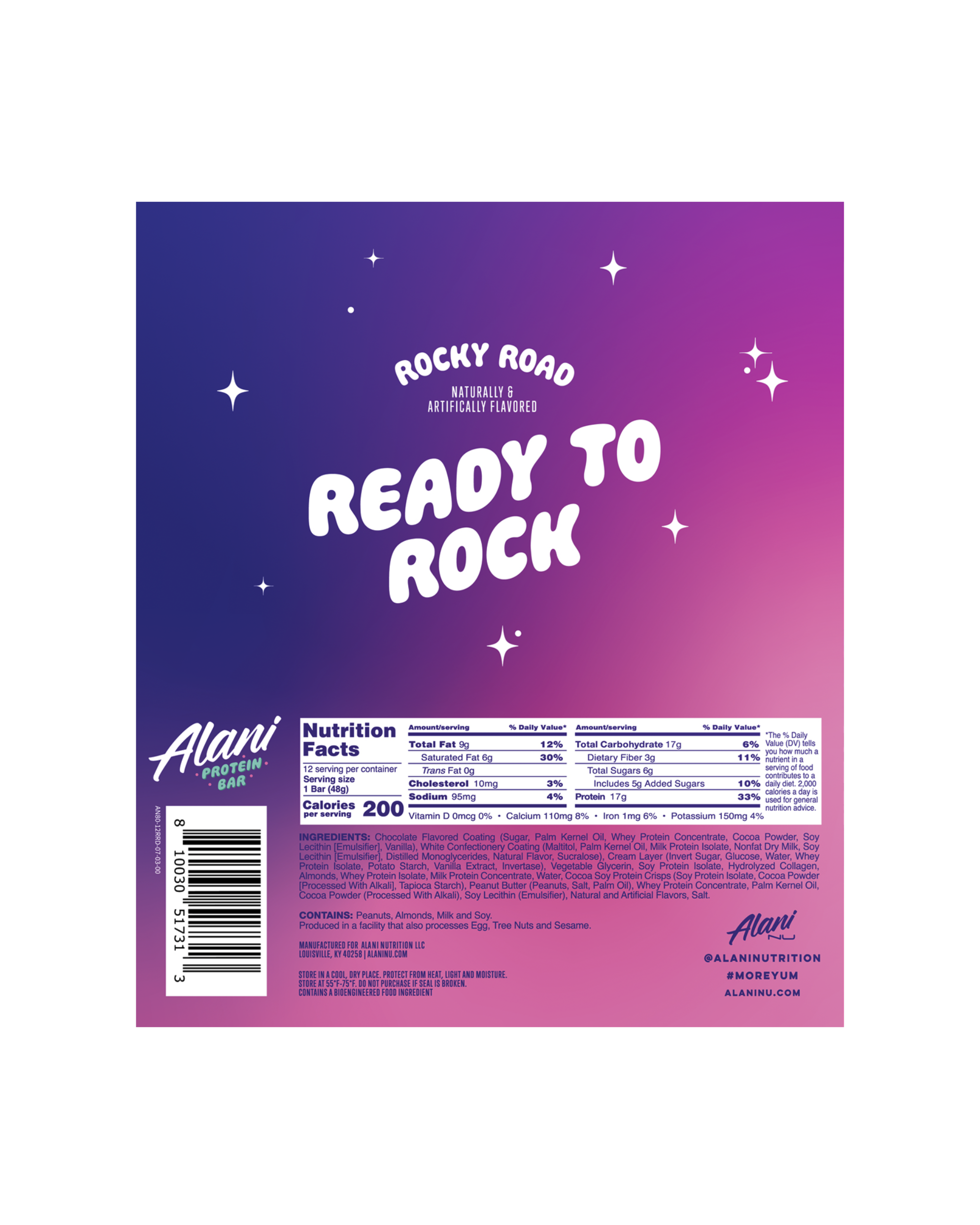 A nutrition facts label of Protein bar in Rocky Road flavor.