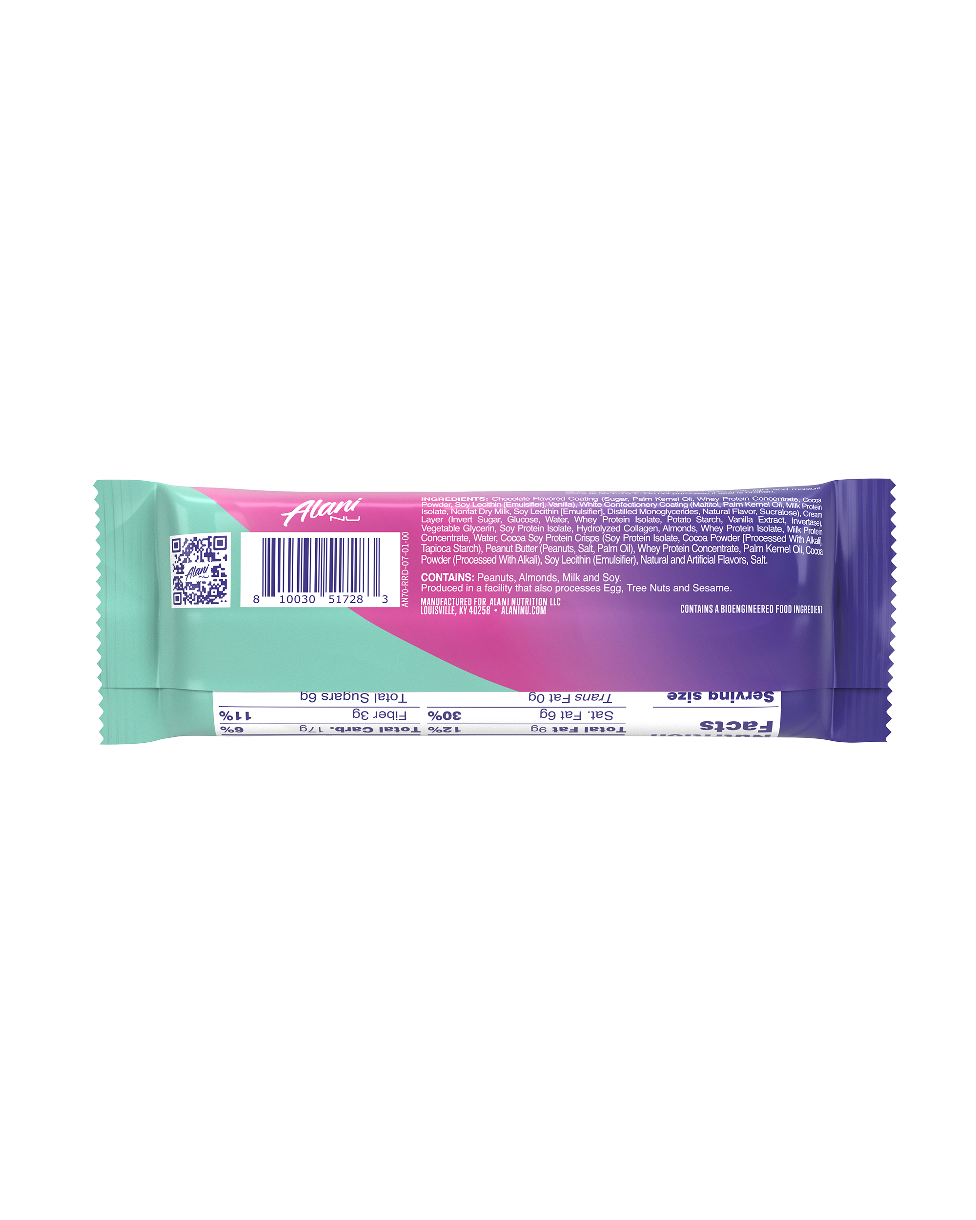 A back view of Protein Bar Rocky Road highlighting nutrition facts.