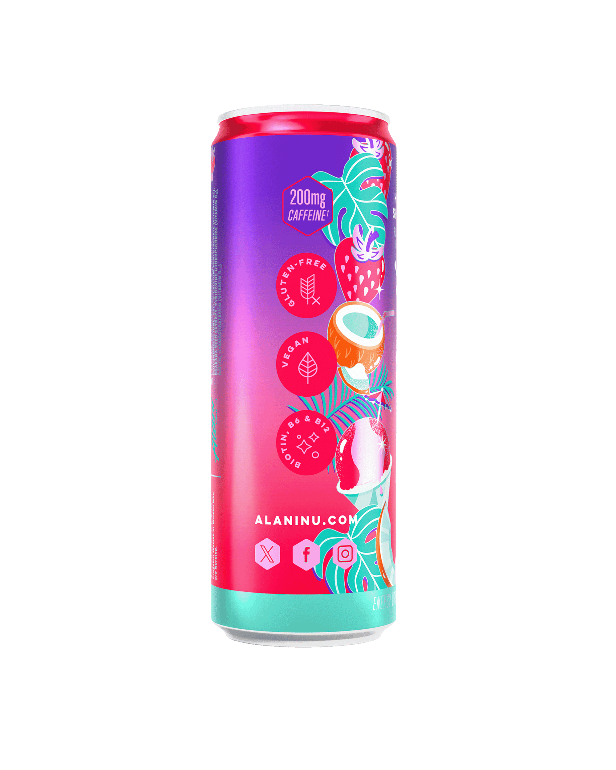 The side view of an Alani Nu Hawaiian Shaved Ice Energy Drink can, showcasing product details. ​
