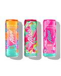 The front view of 3 sugar-free, 12oz Alani Nu Energy Drinks—Orange Kiss (flavored with other natural flavors), Cherry Twist (naturally and artificially flavored), and Pink Slush (flavored with other natural flavors).