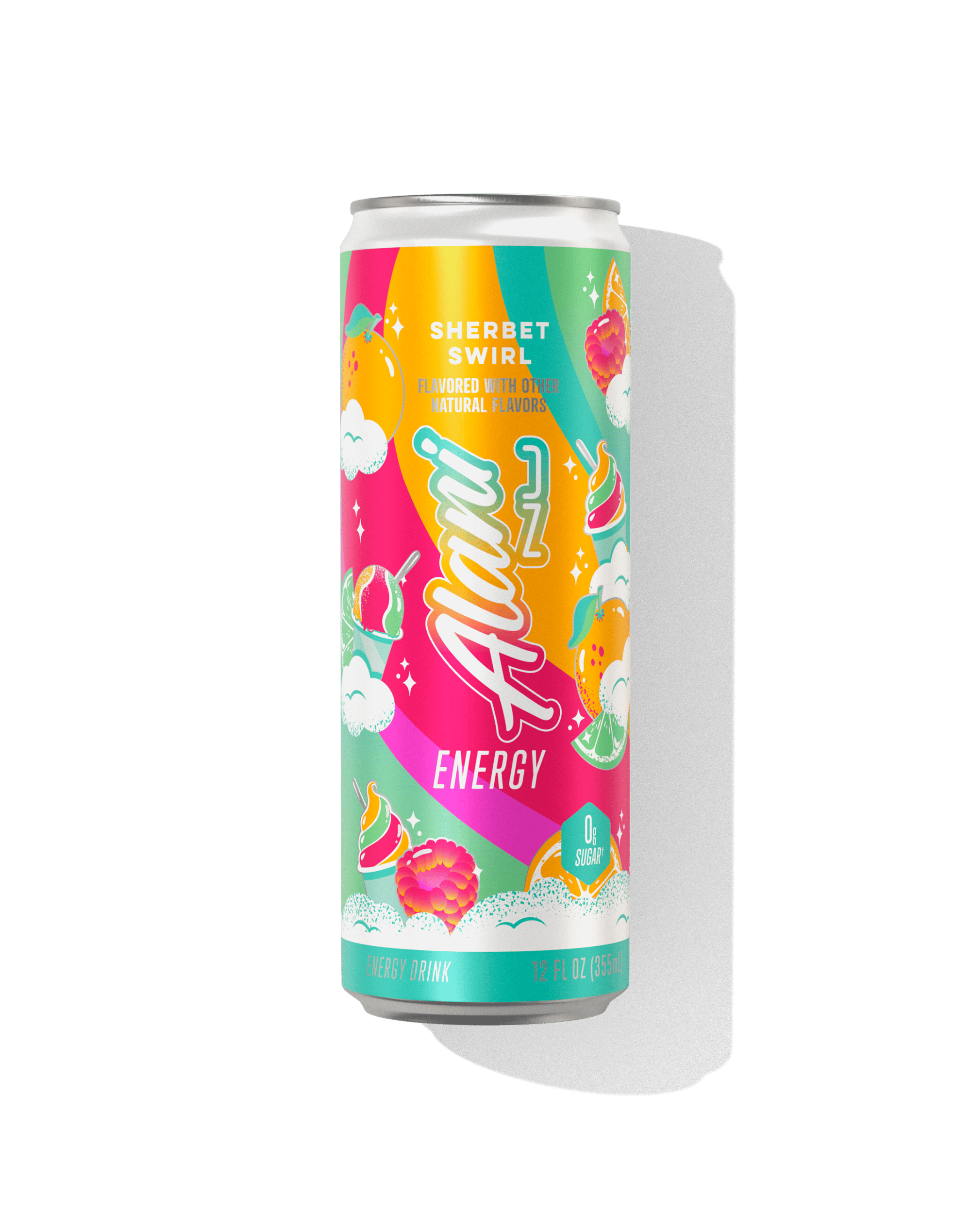 The front view of a sugar-free 12oz can of Sherbet Swirl Alani Nu Energy, flavored with other natural flavors.