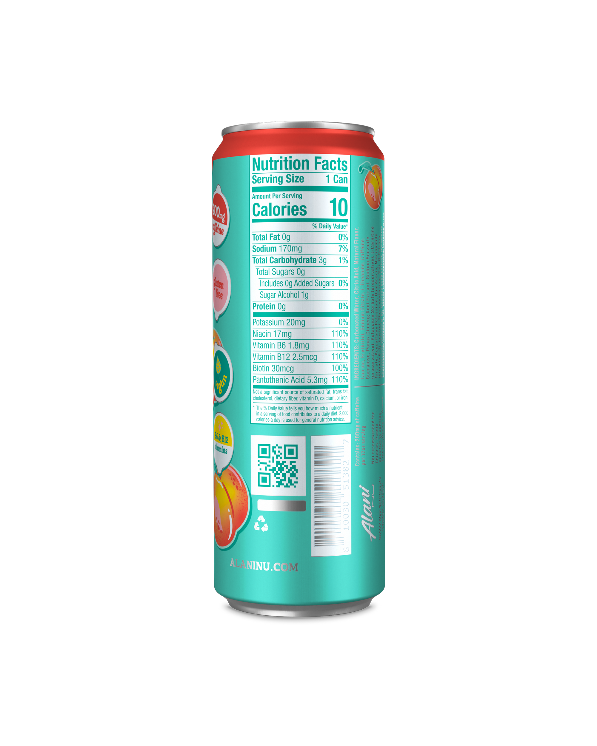 A back view of Energy Drink in Juicy Peach flavor highlighting nutrition facts.
